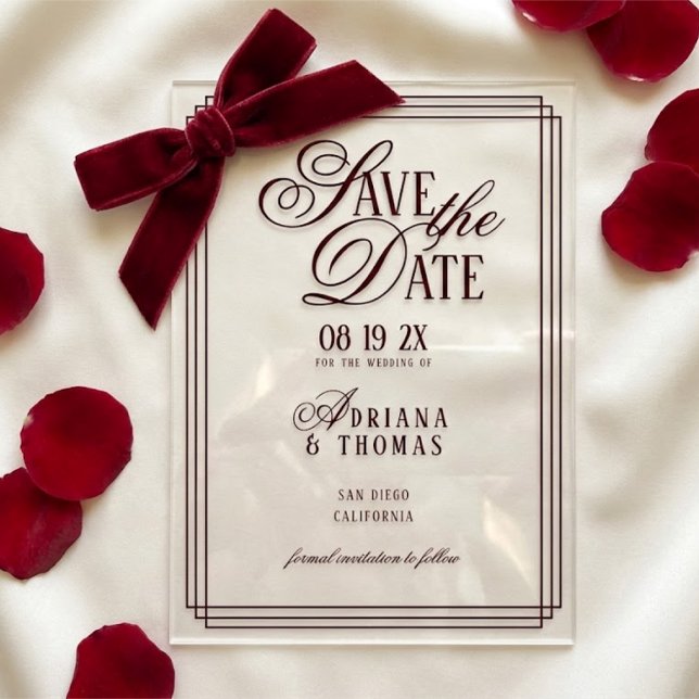 Luxury Burgundy Calligraphy Wedding Save The Date Acryleinladungen (Von Creator hochgeladen)