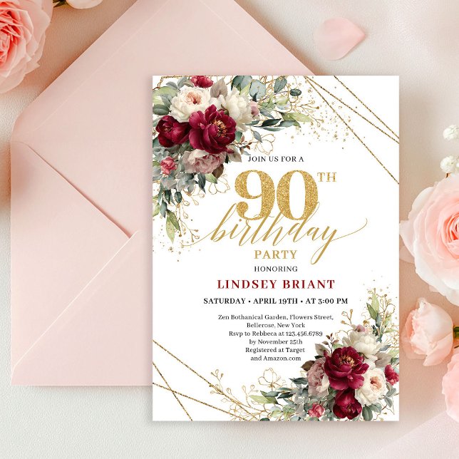 Luxury Burgundy Floral Gold 90th Birthday Invite Einladung (Luxury Burgundy Floral Gold 90th Birthday Invitation)