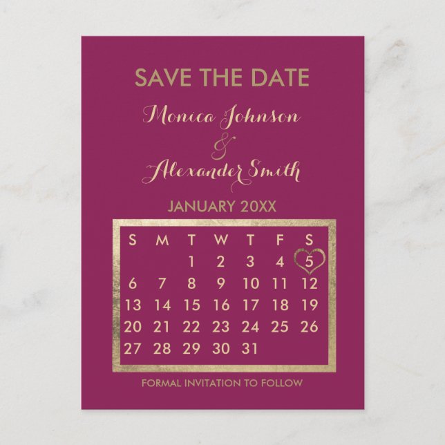 Luxury Burgundy Gold Calendar Save the Date Ankündigungspostkarte (Vorderseite)