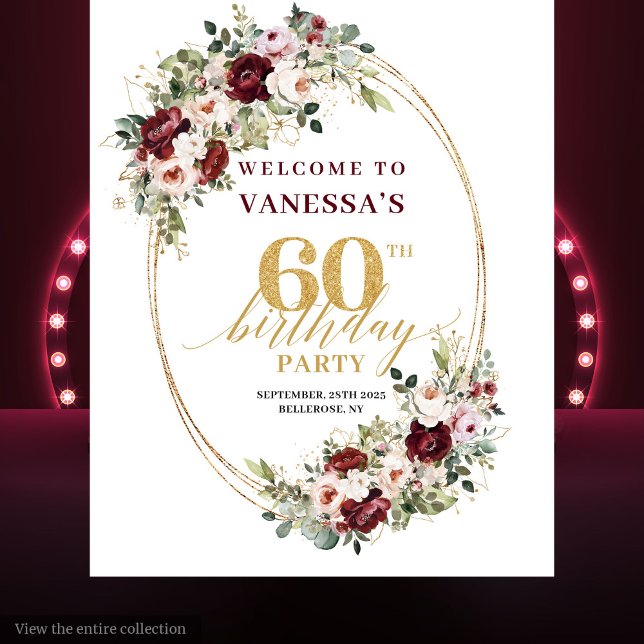 Luxury Burgundy Gold Floral 60th Birthday Banner Wandteppich (Luxury Burgundy Gold Floral 60th Birthday Banner)