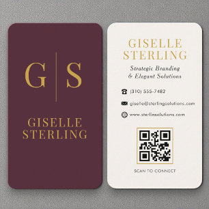 Luxury Burgundy Gold Monogram QR Code Visitenkarte