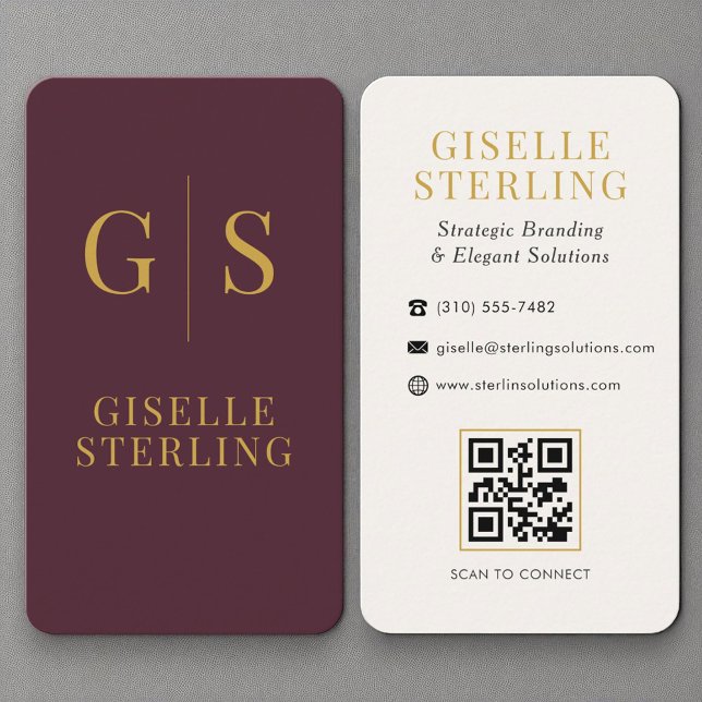 Luxury Burgundy Gold Monogram QR Code Visitenkarte (Von Creator hochgeladen)