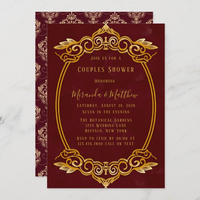 Luxury Burgundy und Gold Royal Couples Dusche Einladung (Vorne/Hinten)