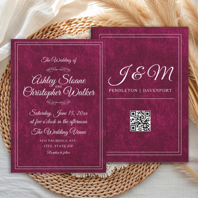Luxury Burgundy Velvet White Monogram QR code Einladung (Velvet burgundy script forward wedding invitation)