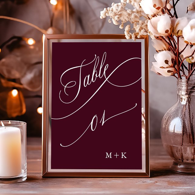 Luxury Calligraphy Burgundy Wedding Number 1, Tischnummer (Von Creator hochgeladen)