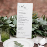 Luxury Calligraphy Elegant Wedding Empfang Menükarte<br><div class="desc">Einfaches elegantes Dinner-Menü: Dieses elegante und einfache Schwarz-Weiß-Hochzeitsmenü besticht durch ein sanftes, romantisches Ambiente, das jedes moderne und zeitlose Hochzeitsthema perfekt ergänzt. Personalisiert mit den Namen der Paare, präsentiert die Vorderseite des Menüs jeden Gang in einem gepflegten und raffinierten Rahmen, der schlichte Eleganz ausstrahlt. Das minimalistische Design wird durch den...</div>