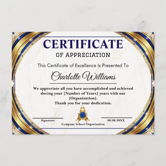 Luxury Certificate of Appreciation Award Template Begleitkarte (Vorderseite)