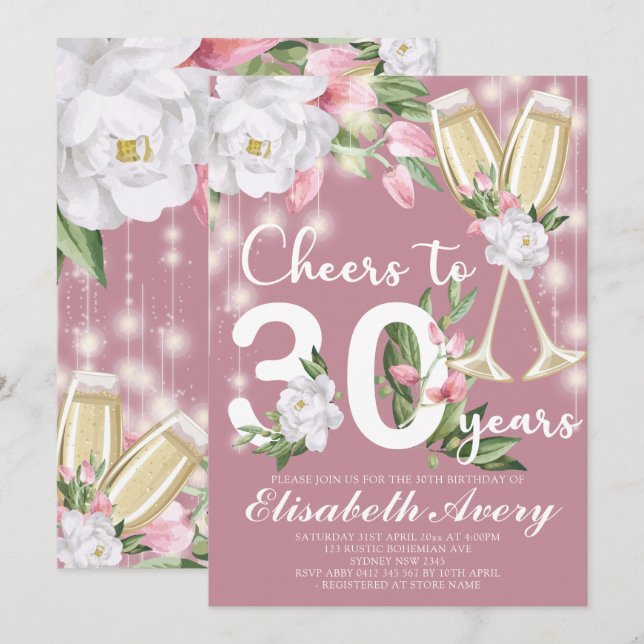 Luxury Champagne Floral 30. Geburtstag Party Einladung (Vorne/Hinten)