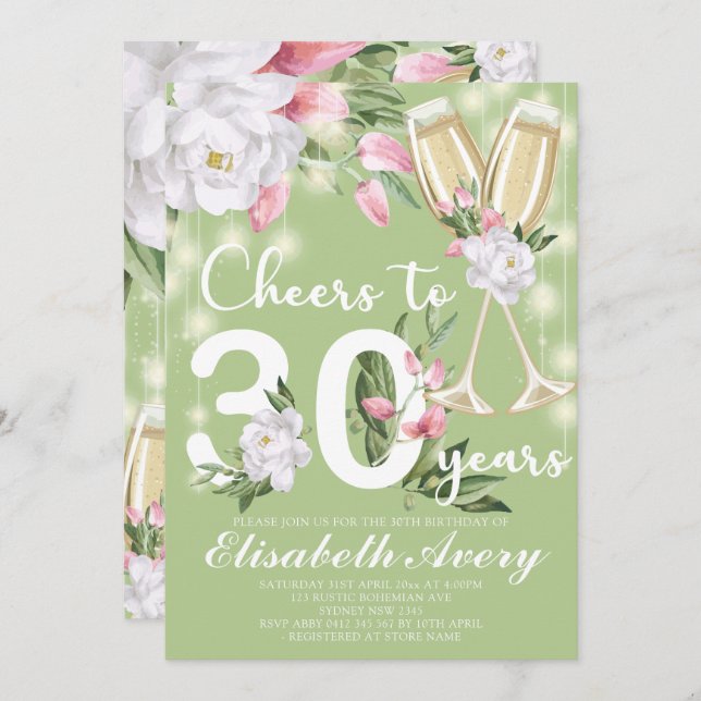 Luxury Champagne Floral 30. Geburtstag Party Einladung (Vorne/Hinten)