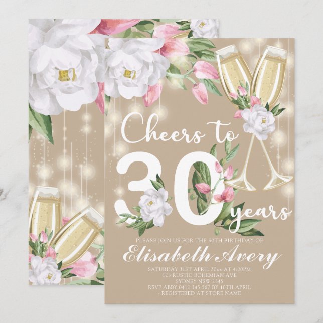 Luxury Champagne Floral 30. Geburtstag Party Einladung (Vorne/Hinten)