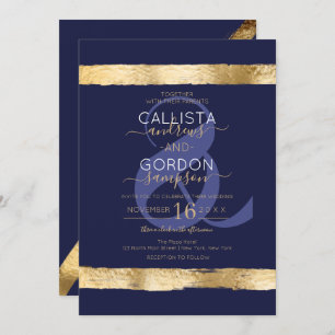 Luxury Chic Navy Gold Brushstroke Border Wedding Einladung