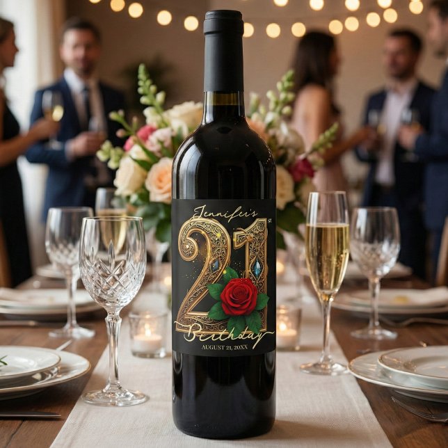 Luxury Chic Red Rose Gold Filigree 21st Birthday Weinetikett (Von Creator hochgeladen)