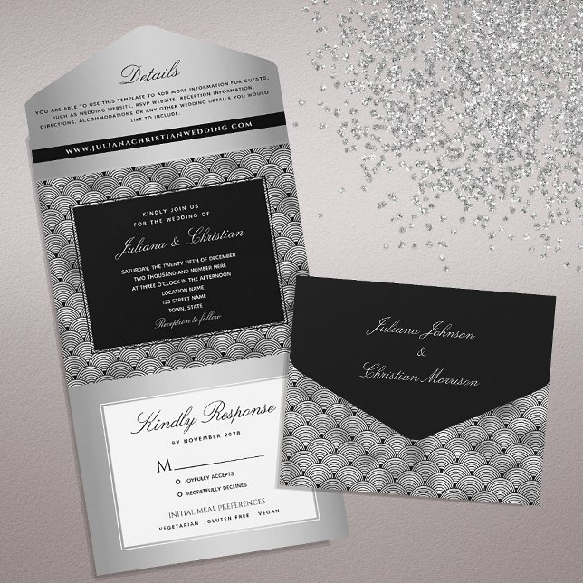 Luxury Chic Silver Black Wedding All In One Einladung (Von Creator hochgeladen)