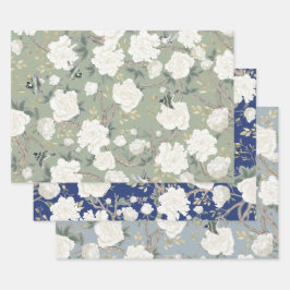 Luxury Chinoiserie Sage Green Elfenbeinwild Blume Geschenkpapier Set