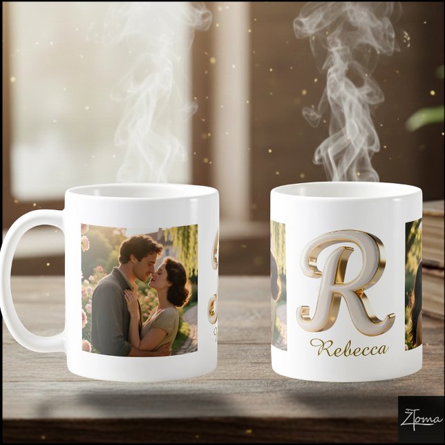 Luxury Cursive Gold White Initial  R + 2 PHOTO Kaffeetasse (Von Creator hochgeladen)