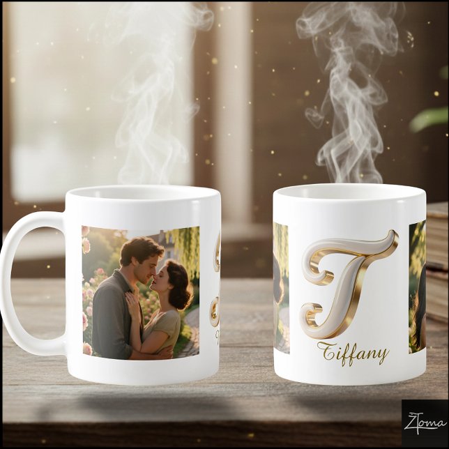 Luxury Cursive Gold White Initial  T+ 2 PHOTO Kaffeetasse (Von Creator hochgeladen)