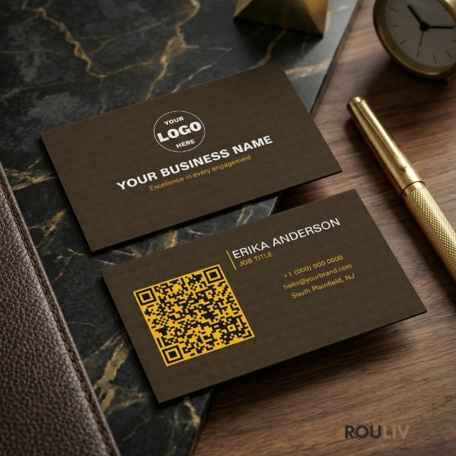 Luxury Dark Brown Textured QR Code Minimal Gold  Visitenkarte (Luxury Dark Brown Textured QR Code Minimal Gold Business Card)