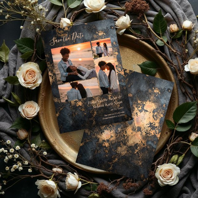 Luxury Dark Grey Gold Wedding 4 Photo Collage Save The Date (Sophisticated Wedding Charcoal Black Gold Effect Abstract Texture 4 Photo Collage.)