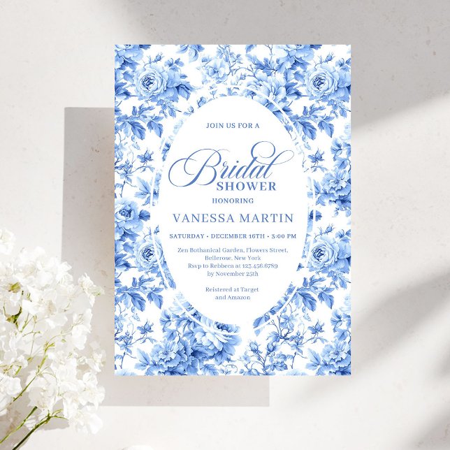 Luxury Deep Blue Toile Roses Bridal Shower Invite Einladung (Luxury Deep Blue Toile Roses Bridal Shower Invitation)