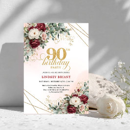 Luxury Deep Red Floral Gold 90th Birthday Invite Einladung