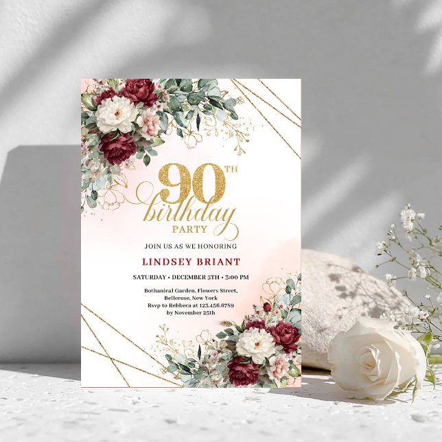 Luxury Deep Red Floral Gold 90th Birthday Invite Einladung (Luxury Deep Red Floral Gold 90th Birthday Invitation)