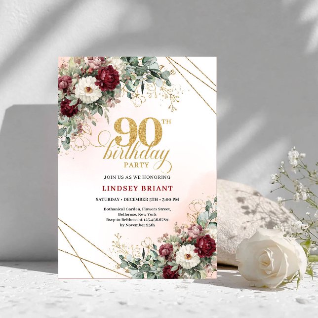 Luxury Deep Red Floral Gold 90th Birthday Invite Einladung (Luxury Deep Red Floral Gold 90th Birthday Invitation)