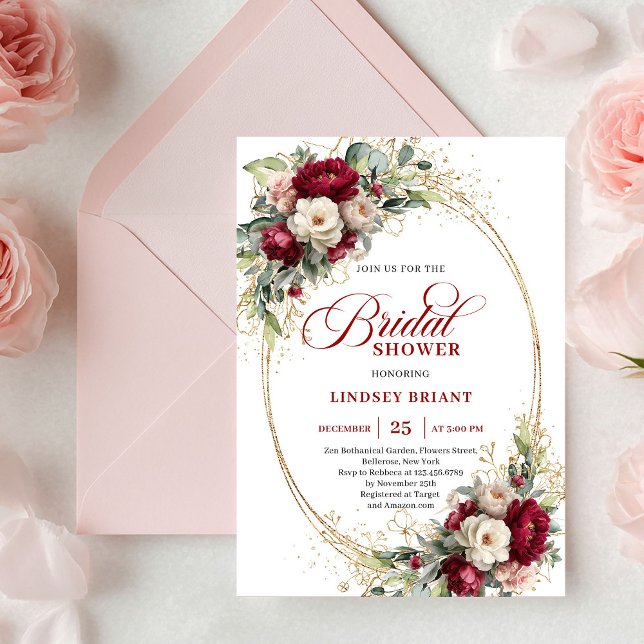 Luxury Deep Red Rose Gold Bridal Shower Invitation Einladung (Luxury Deep Red Rose Gold Bridal Shower Invitation)