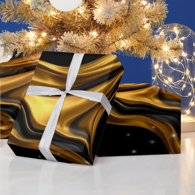 Luxury Designer Black & Gold Liquid Swirl Pattern Geschenkpapier (Feiertage)
