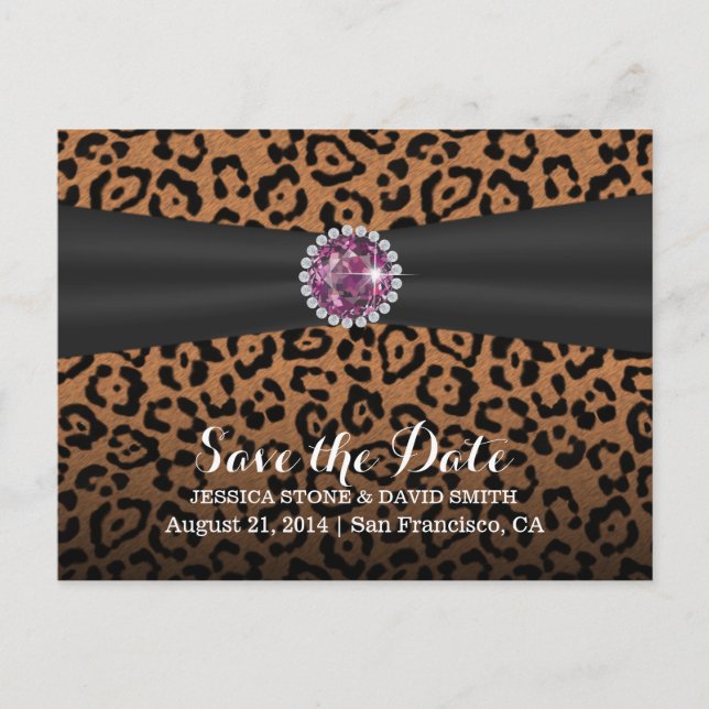 Luxury Diamond Gems Leopard Print Save the Date Ankündigungspostkarte (Vorderseite)