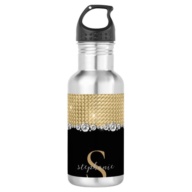 Luxury Diamonds Gold Black Monogram Edelstahlflasche (Vorderseite)