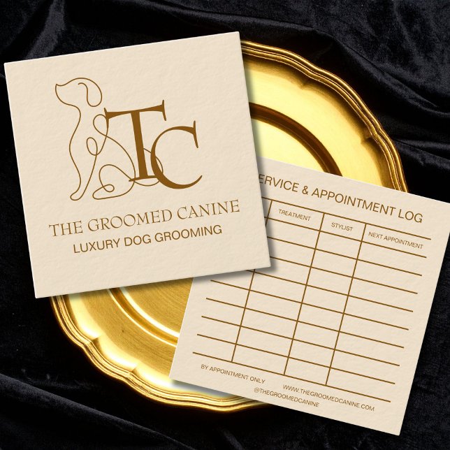 Luxury Dog Grooming Business Card Bronze Champaign Quadratische Visitenkarte (Deep bronze and champaign business card on a gold plate)