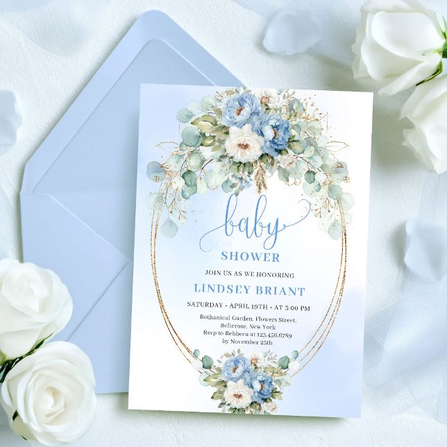Luxury Dusty Blue Flowers Eucalyptus Gold Baby  Einladung (Luxury Dusty Blue Flowers Eucalyptus Gold Baby Shower)