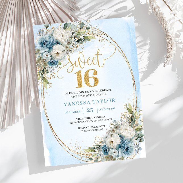 Luxury Dusty Blue Greenery Sweet Sixteen Invite Einladung (Luxury Dusty Blue Greenery Sweet Sixteen Invite)