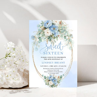 Luxury Dusty Blue Peonies Gold Sweet Sixteen Party Einladung