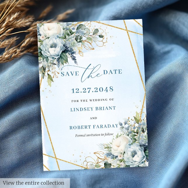 Luxury Dusty Blue White Gold Peonies Save the Date Einladung (Luxurious Pastel Blue White Gold Flowers Save The Date)
