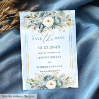 Luxury Dusty Blue White Gold Peonies Save the Date