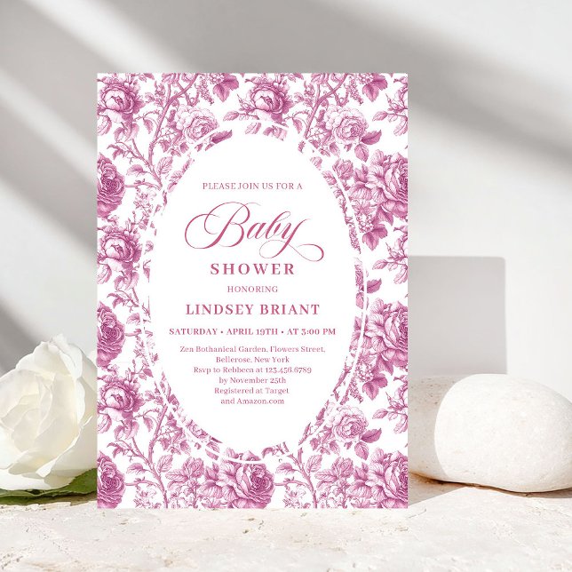Luxury Dusty Rose Floral Toile Baby Shower Invite Einladung (Luxury Dusty Rose Floral Toile Baby Shower Invitation)