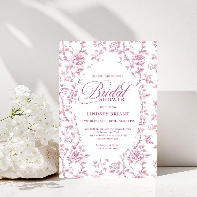Luxury Dusty Rose Floral Toile Bridal Shower Invit Einladung (Luxury Dusty Rose Floral Toile Bridal Shower Invitation)