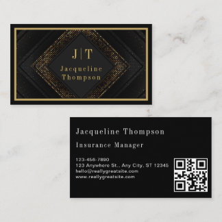 Luxury elegant black leather gold monogram qr code visitenkarte