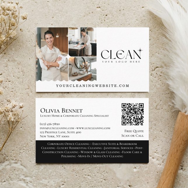 Luxury Elegant Maid House Cleaning Photo QR Code Visitenkarte (Luxury Elegant Maid House Cleaning Photo QR Code Business Card)