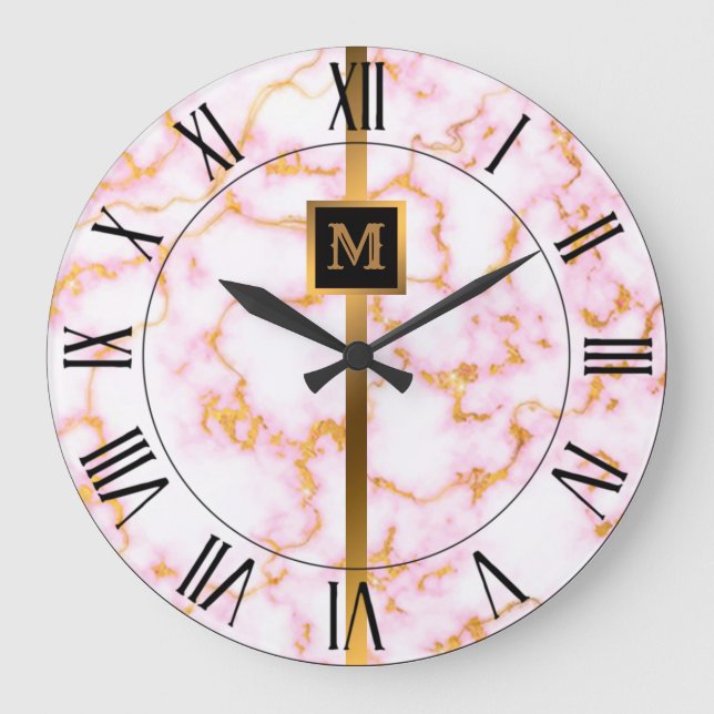 Luxury Elegant Modern Black Gold Marble Große Wanduhr (Vorderseite)