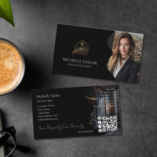 Luxury Elegant Real Estate Realtor Photo Gold Visitenkarte (luxury gold and black real estate agent business card with your photo and business card)