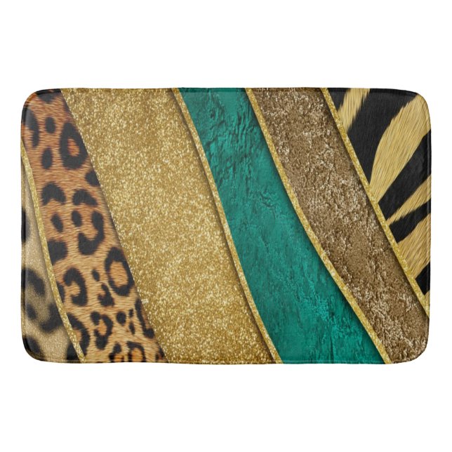 Luxury Emerald & Gold Safari Leopard Zebra Glitter Badematte (Vorderseite)