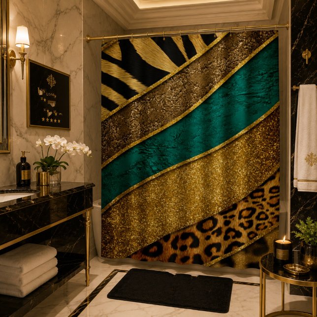 Luxury Emerald & Gold Safari Leopard Zebra Glitter Duschvorhang (Von Creator hochgeladen)