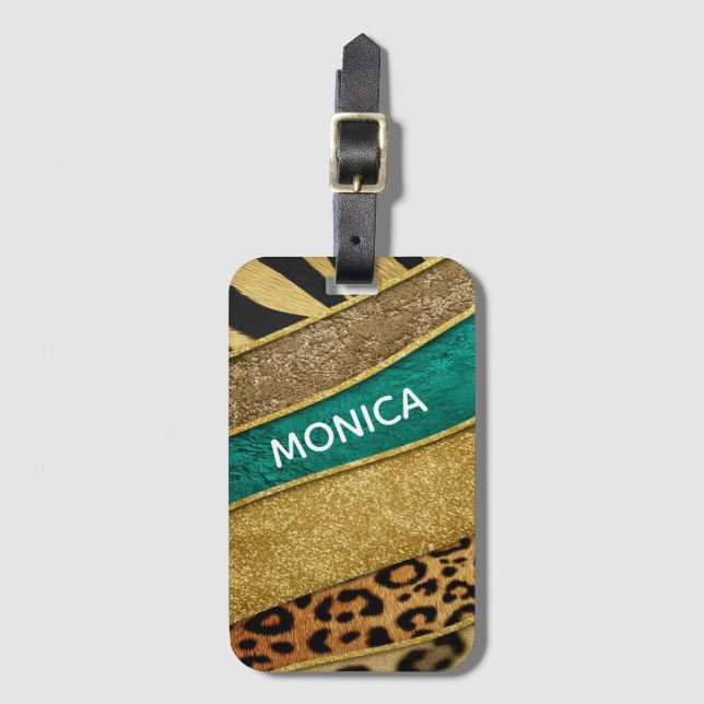 Luxury Emerald & Gold Safari Leopard Zebra Glitter Gepäckanhänger (Vorderseite Vertikal)