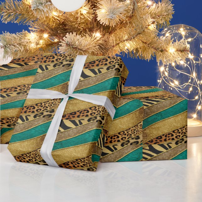 Luxury Emerald & Gold Safari Leopard Zebra Glitter Geschenkpapier (Feiertage)