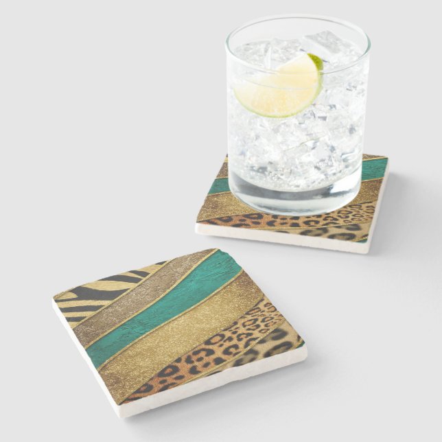 Luxury Emerald & Gold Safari Leopard Zebra Glitter Steinuntersetzer (Seitenansicht)