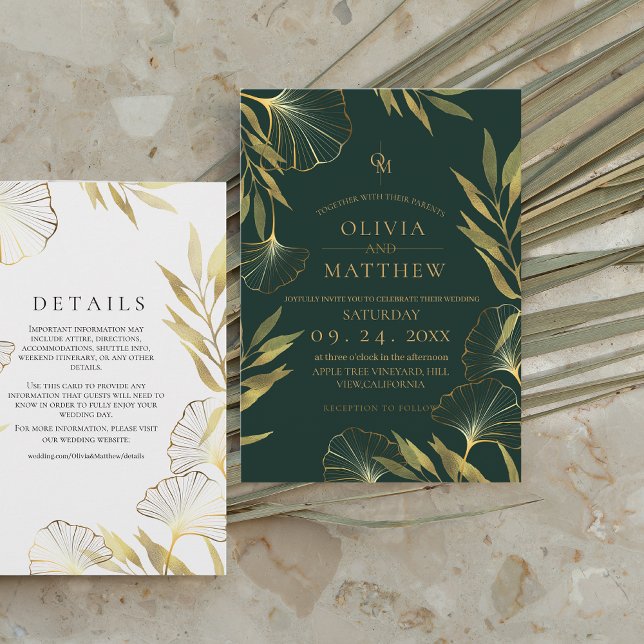 Luxury Emerald Green Gold Leaf Wedding Einladung (Von Creator hochgeladen)