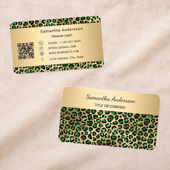 Luxury Emerald Green Gold Leopard Print QR Code Visitenkarte (Von Creator hochgeladen)