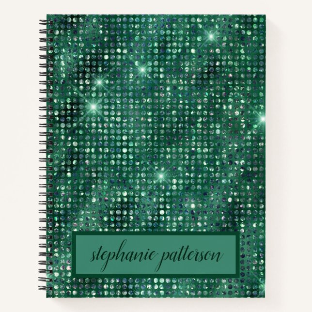 Luxury Emerald Shimmering Sequins Individuelle Nam Notizbuch (Vorderseite)